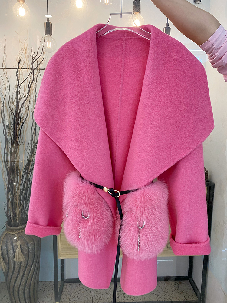 女性用本物の天然フォックスファーコート,女性用アウター,カシミヤウール,豪華なジャケット,ポケット,新しい冬2022