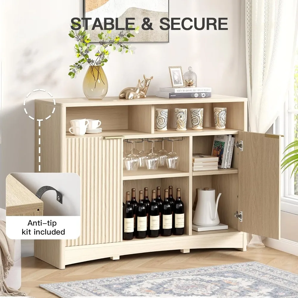 Modern Coffee Bar Cabinet with Storage, Fluted Wood Buffet Sideboard with Wine and Glass Rack, Liquor Cabinet with Adjustable
