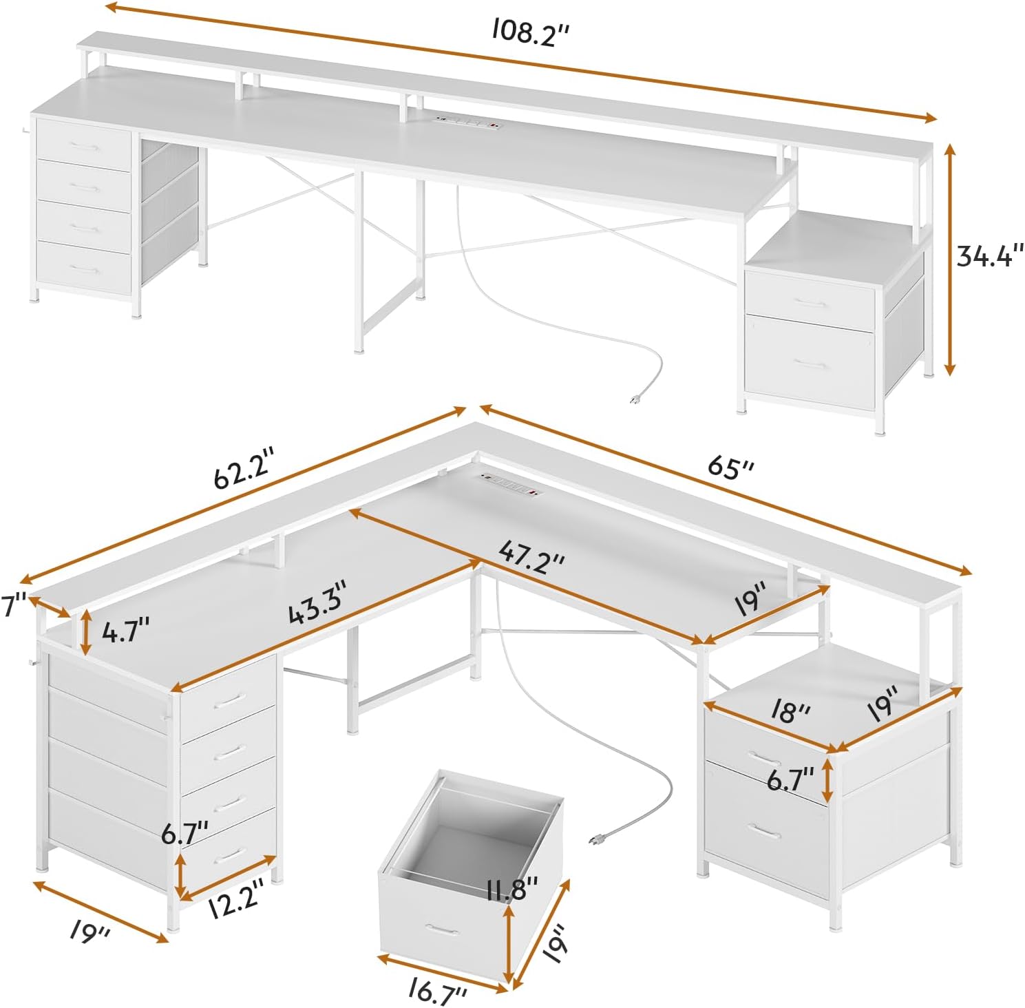 L Shaped Desk with 6 Drawer, 108" Home Office Desk with File Drawer & Power Outlet, Corner Computer Desk with Monitor Shelf