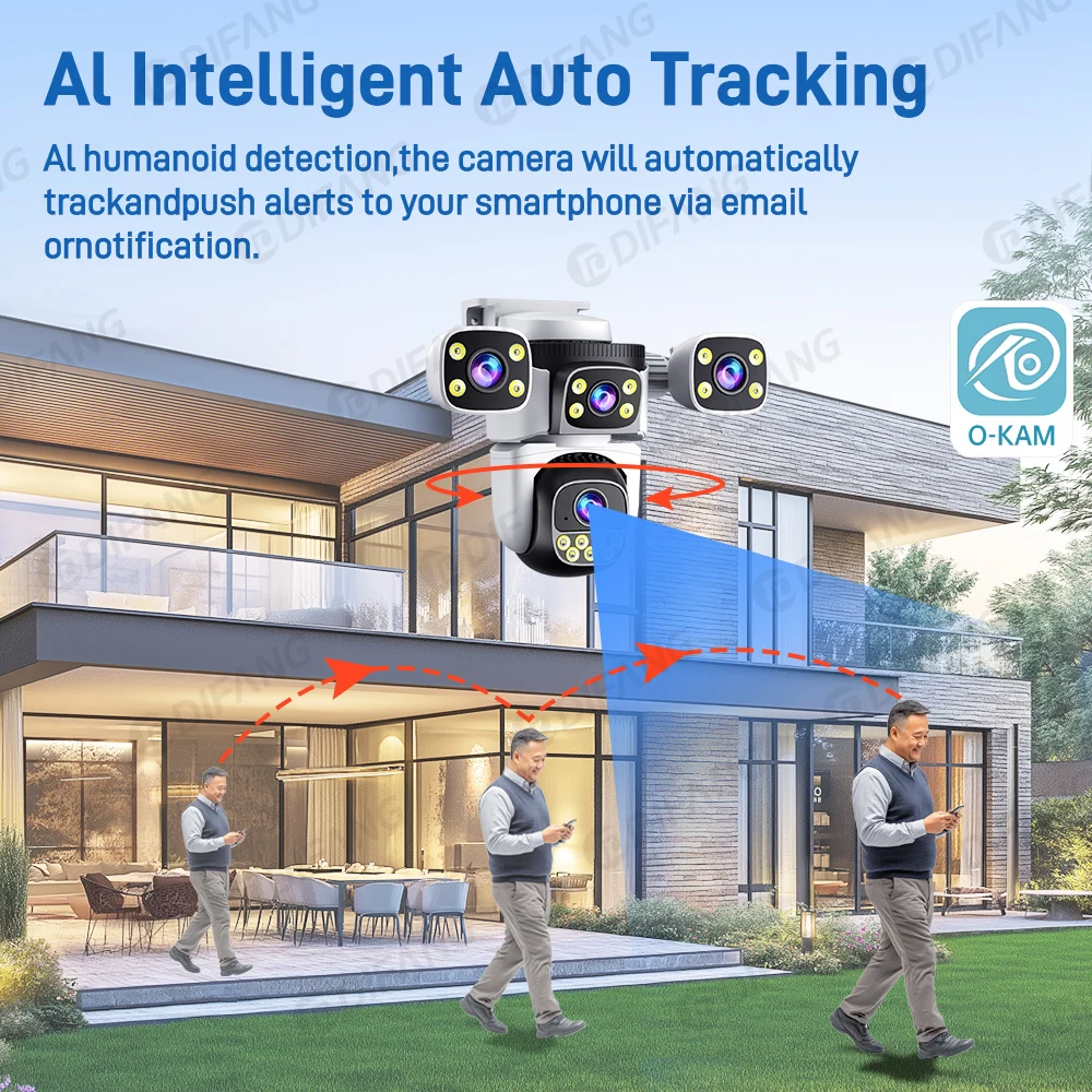 Cámara WiFi de seguridad para el hogar de cuatro pantallas 10K 20MP 360 °   Cámara de vídeo de protección de seguridad IP de vigilancia inalámbrica CCTV con zoom PTZ 5X