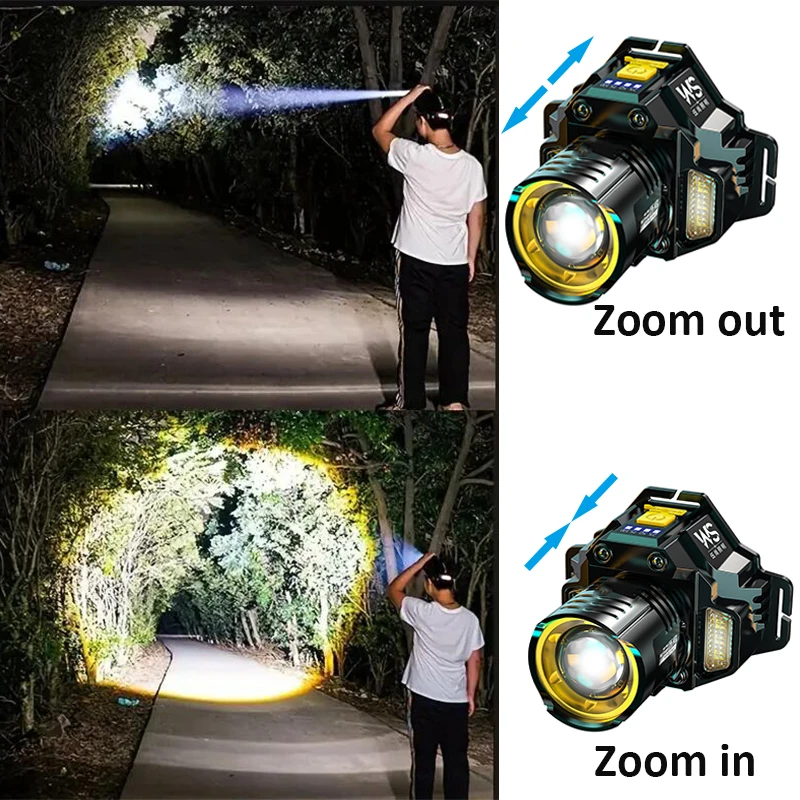 Potente linterna frontal recargable 90 °   Faro LED con zoom ajustable, batería integrada 18650 para linterna frontal de Camping