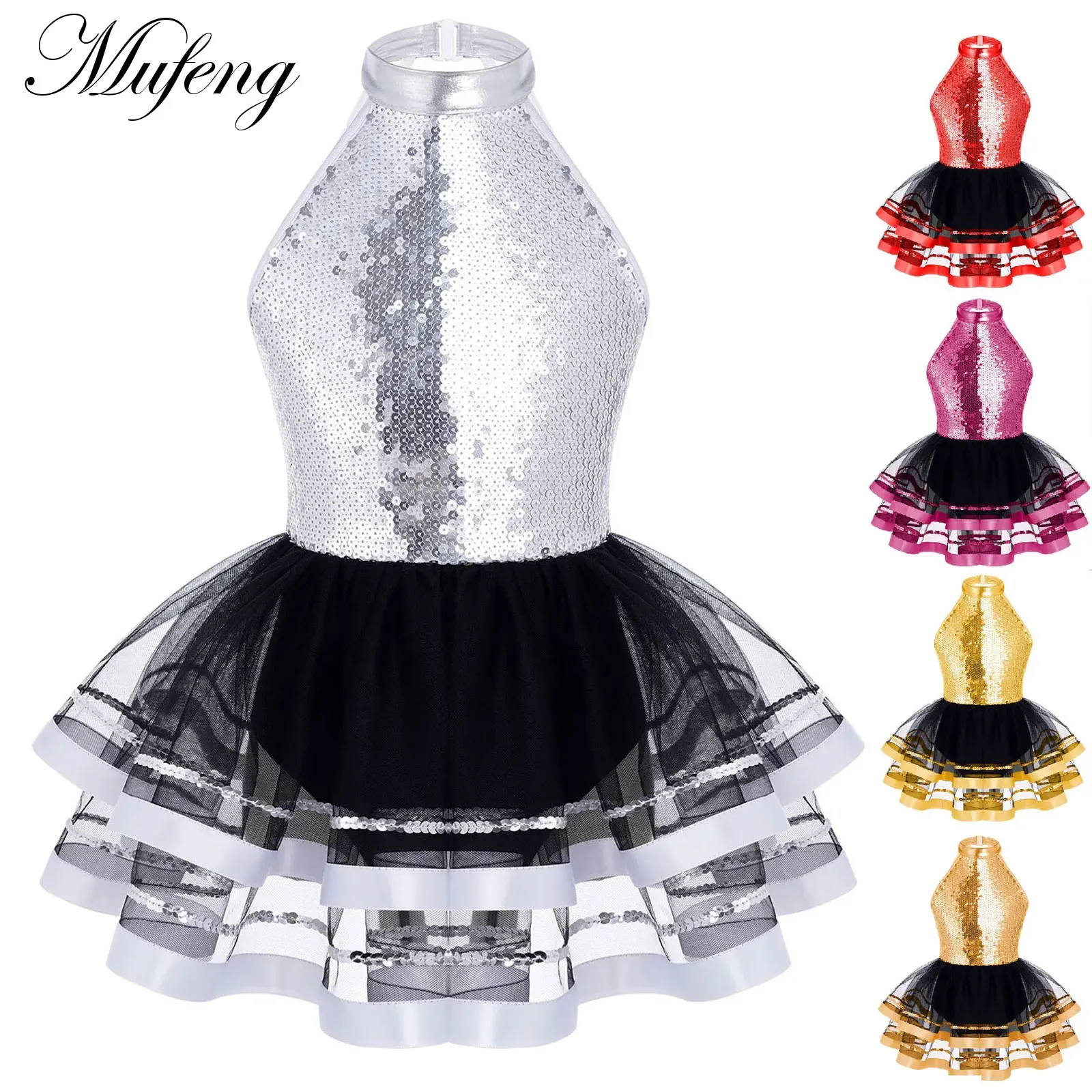 Hübsche Mädchen Pailletten Neckholder Ballett Tanz Tutu Kleid Glänzende Gymnastik Trikot Glitzer Moderne Latin Jazz Tanzen Kostüm Dancewear