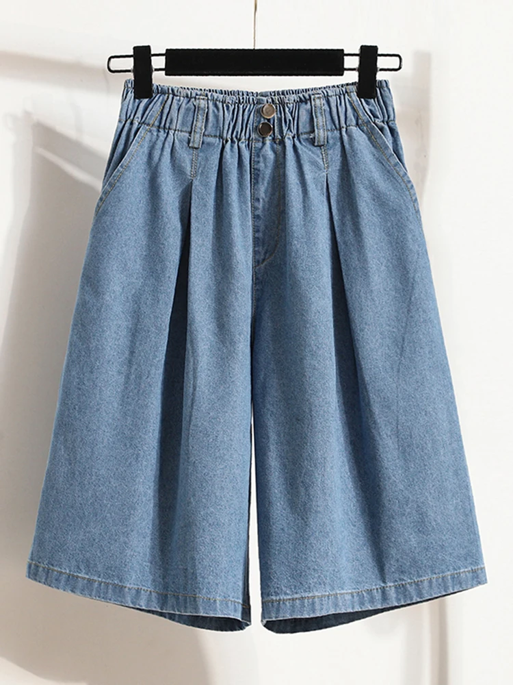 Hohe Taille, weites Bein, lose Denim-Shorts für Damen, 2024, Sommer, Neuheiten, halblange blaue Farbe, Jeans-Shorts, koreanische lässige Jeans