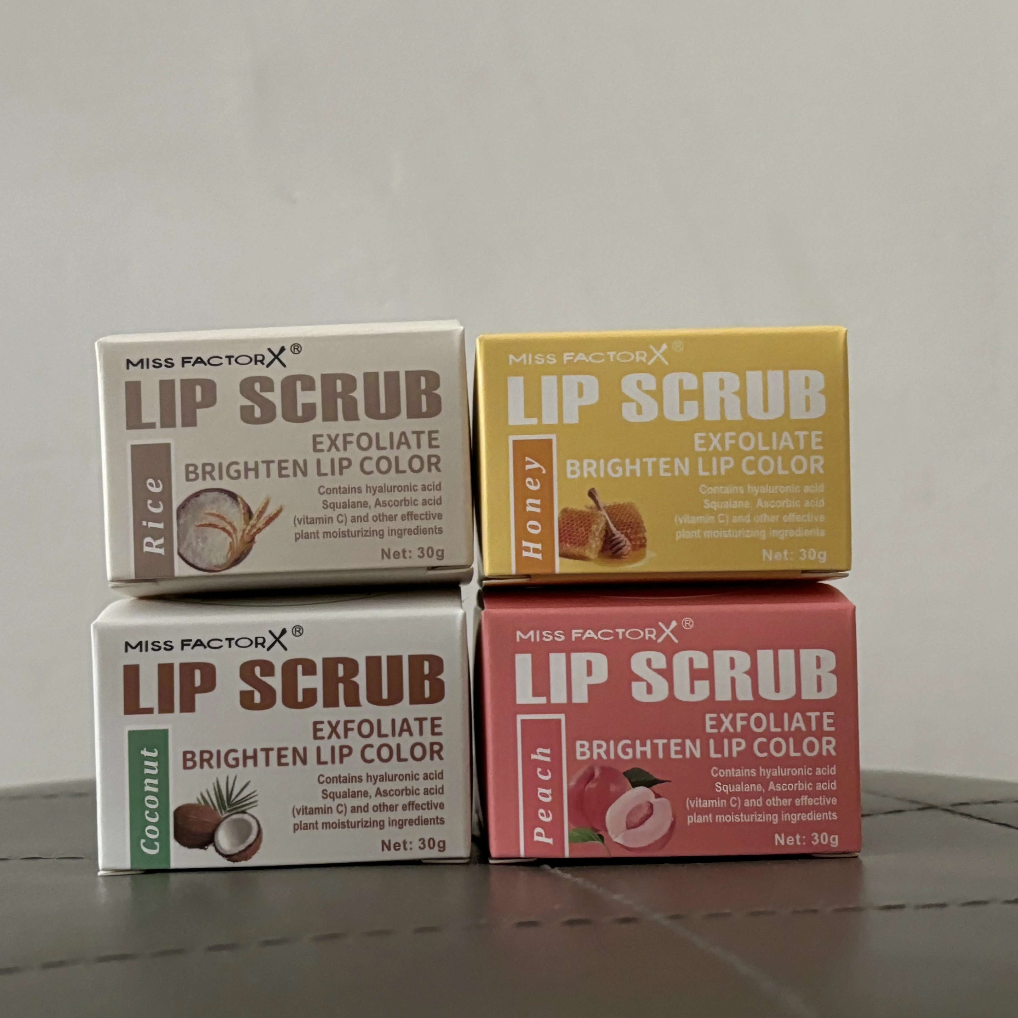 Esfoliante labial 30g pêssego mel arroz coco iluminando cor labial esfoliante lábios hidratantes