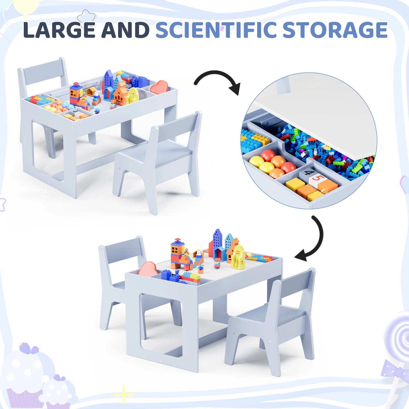 Set tavolo per bambini 3 in 1 in legno e 2 sedie con contenitore, tavolo da attività per bambini per ragazzi e ragazze