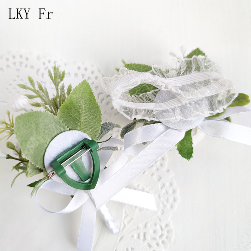 White Boutonniere Wedding Accessories Groom Buttonhole Wrist Corsage Brooch Flowers Artificial Silk Roses Bridesmaids Bracelets