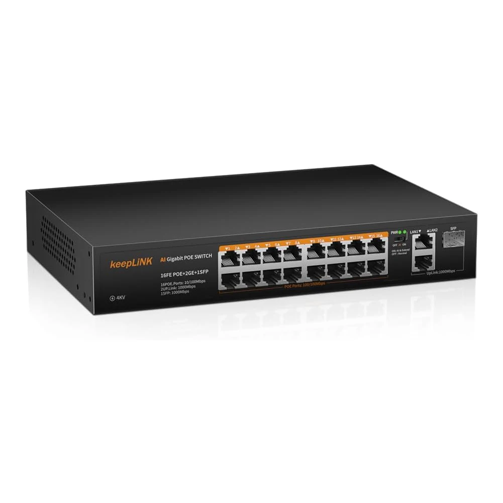 KeepLiNK 19-Port-Netzwerk-Switch mit 16-Megaibt PoE und 2-Port-Gigabit-Ethernet RJ45-Kupfer und 1-SFP-Uplink Plug and Play