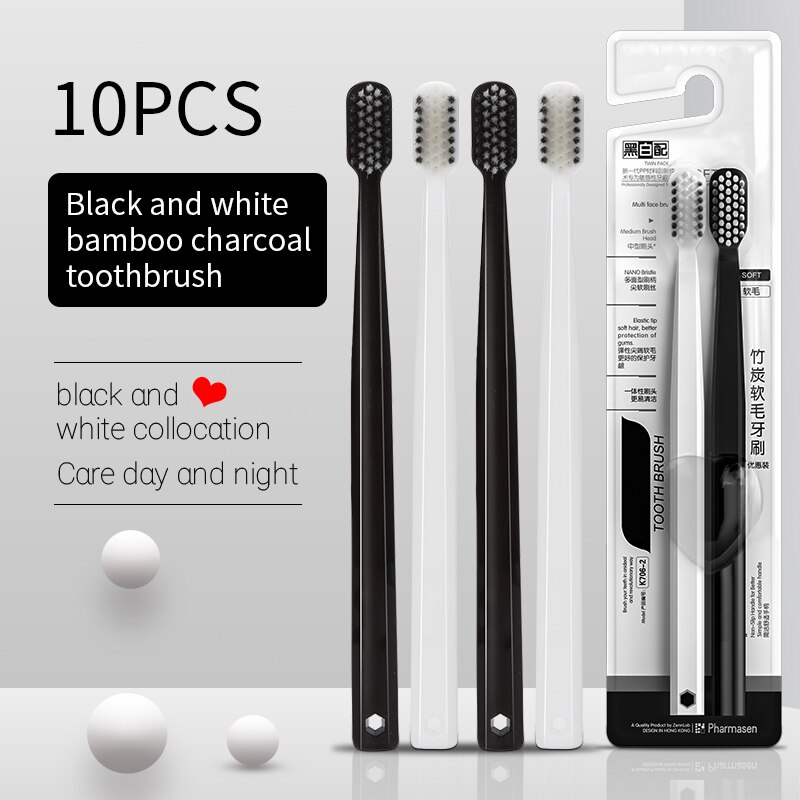 10 cepillos de dientes de cerdas suaves de seda con cepillo de carbón de bambú, cepillos de dientes para adultos para hombres y mujeres en blanco y negro, juego familiar