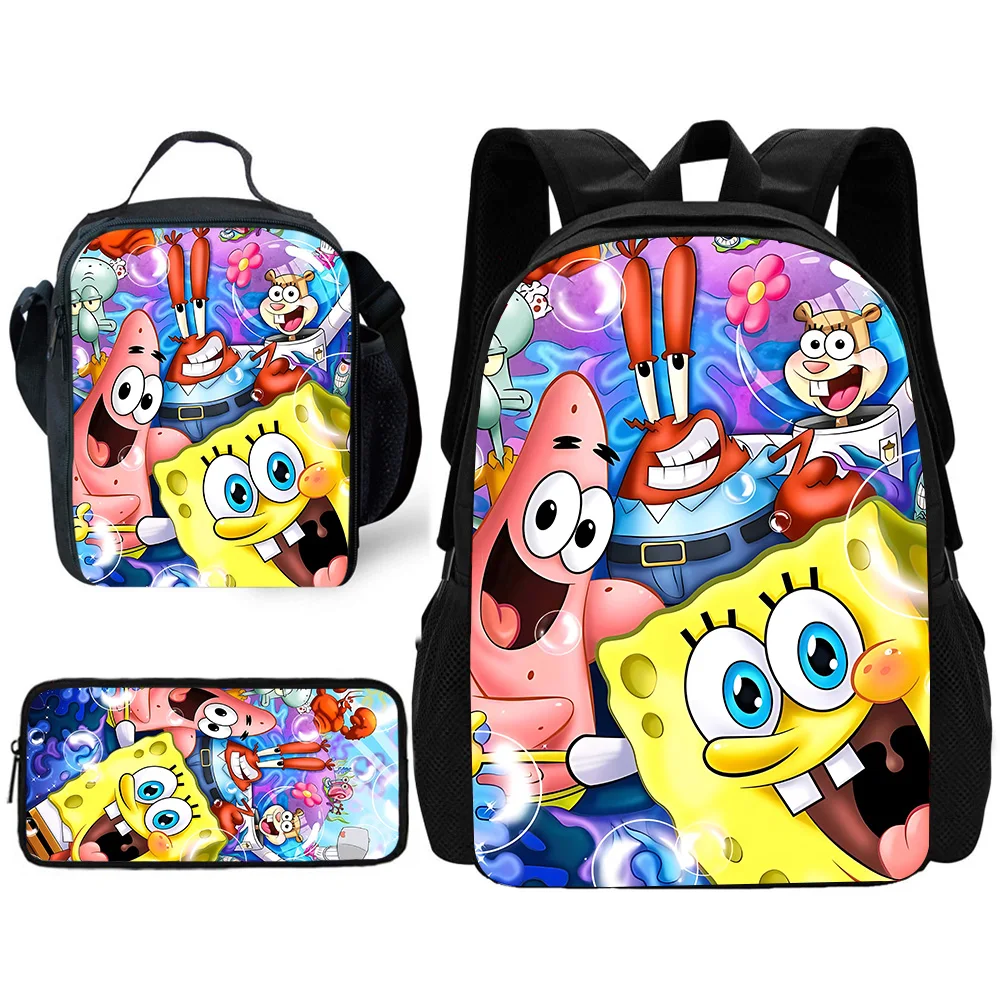 3 ชิ้นชุดน่ารักสําหรับ SpongeBobs เด็กกระเป๋าเป้สะพายหลังถุงอาหารกลางวัน, กระเป๋าดินสอ, กระเป๋านักเรียนสําหรับชายหญิงที่ดีที่สุดของขวัญ