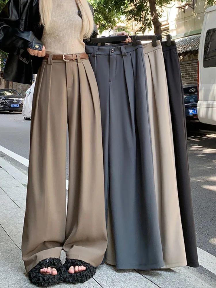 Calças de Terno Largas e Soltas de Cintura Alta, Calças Casuais Retas Longas para Moda Fena na Primavera