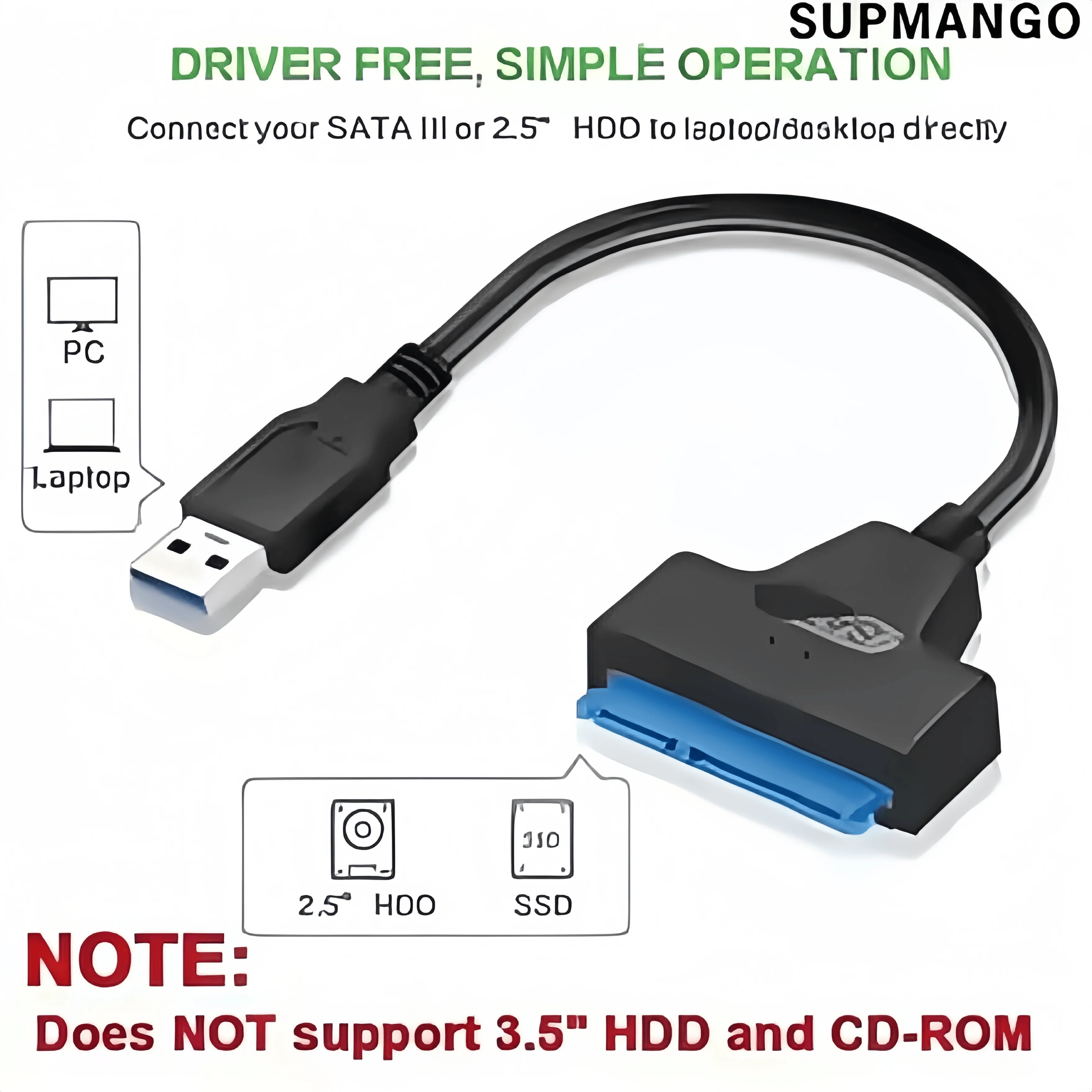 Cable adaptador USB 3.0 a SATA para HDD/SSD de 2,5" - Transferencia de datos de alta velocidad de 6 Gbps - Convertidor de disco duro SATA III (22 pines)