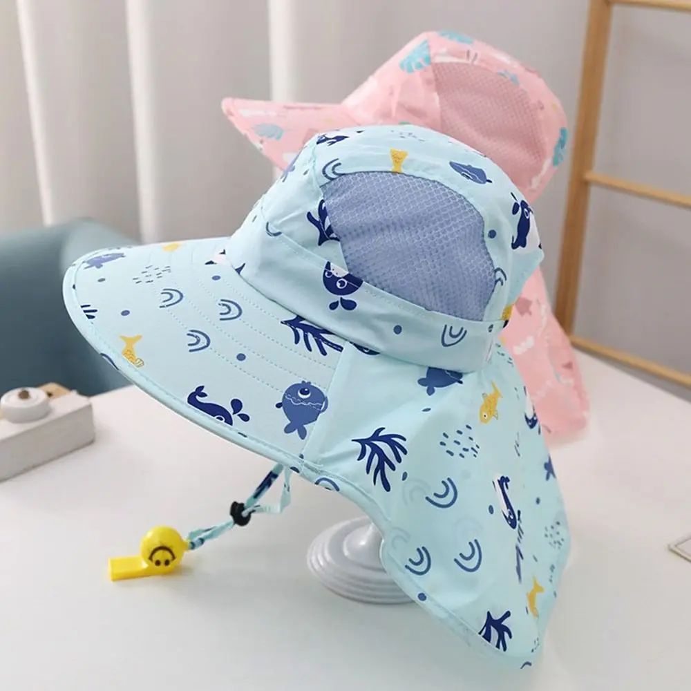 Anti UV Kinder Sommer Baby Sonnenhut Eimer Kappe Mit Pfeife Für Mädchen Jungen Outdoor Hals Ohr Abdeckung Strand Kappe