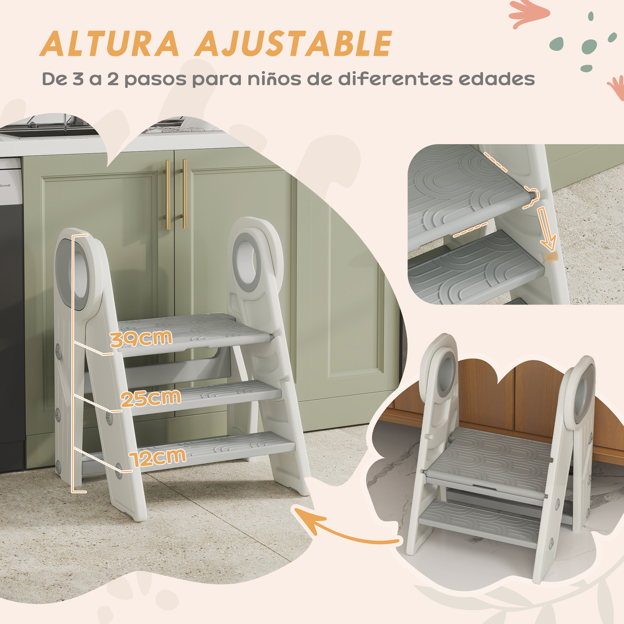 AIYAPLAY Taburete para Niños Plegable y Adjustable con Asa Gris y Blanco