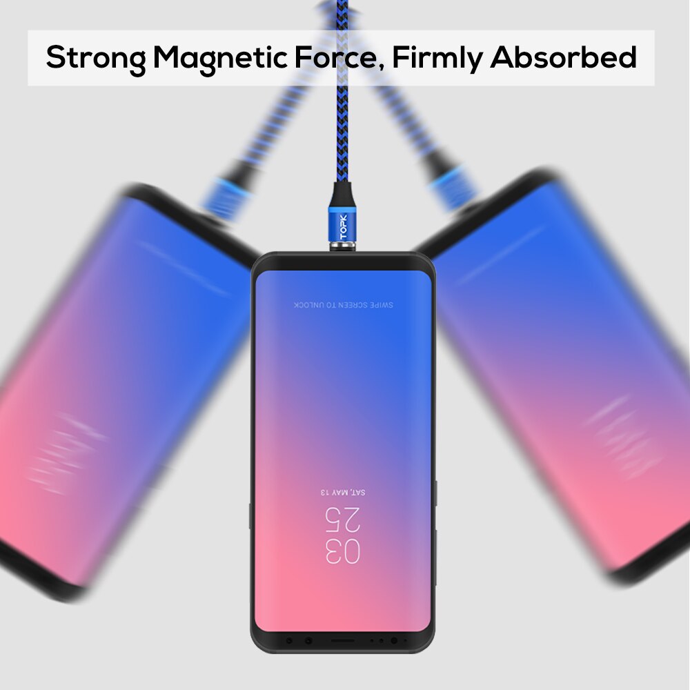 마그네틱 충전 케이블, 3 in 1 TOPK 360 회전 마그네틱 휴대폰 충전기 케이블, LED 조명 포함, 마이크로 USB C 타입 케이블용