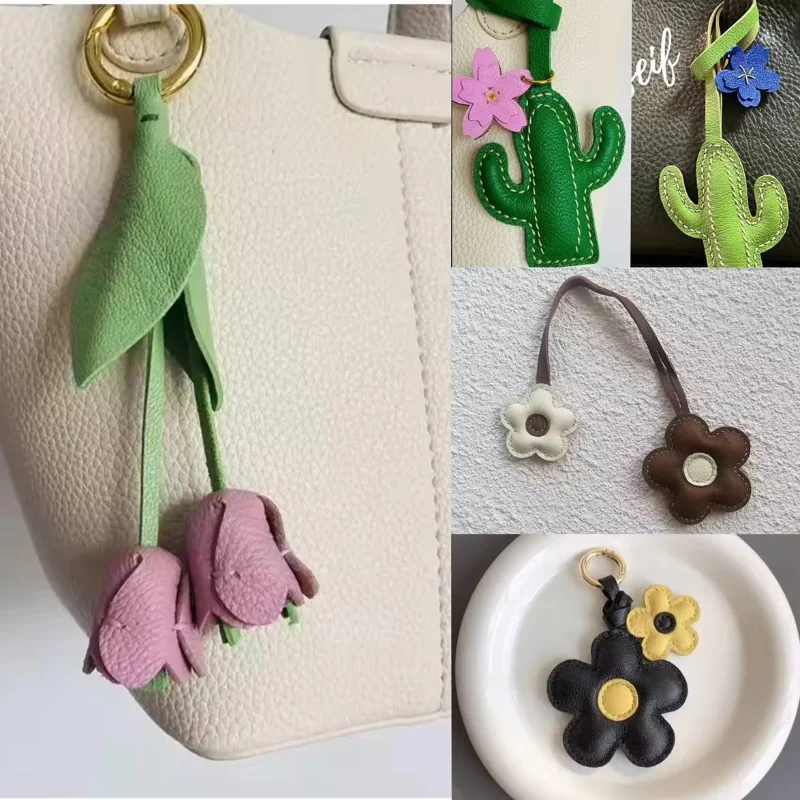 Cowhide Leather Flower Shaped Bag Charm Genuine Leather Rope Women's Tulip Cactus Bag Pendant Car Keychain Hand Rope Accessories