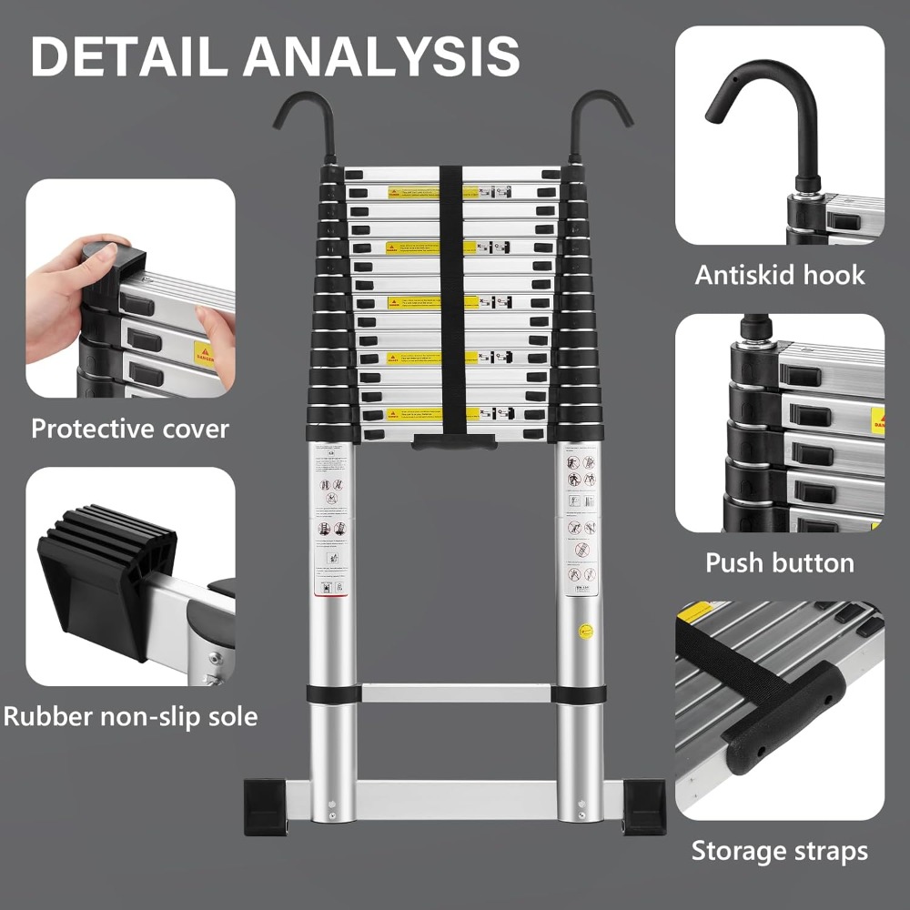 Escalera Telescópica de 6,2m de Aluminio, Pliable, Escalera Extensible con Barra de Equilibrio con Reposabrazos Extraíble, Mu