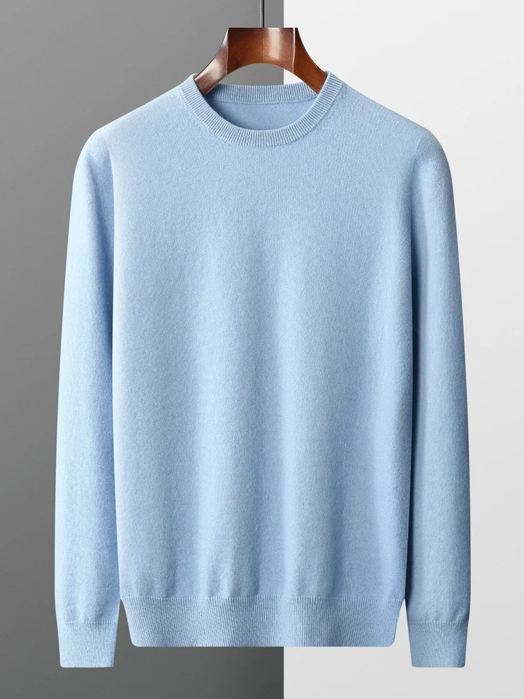 Suéter de lana merina de 100% para hombre, jersey con cuello redondo, Tops de una pieza listo para usar, suéter de Color sólido para otoño e invierno, básico versátil