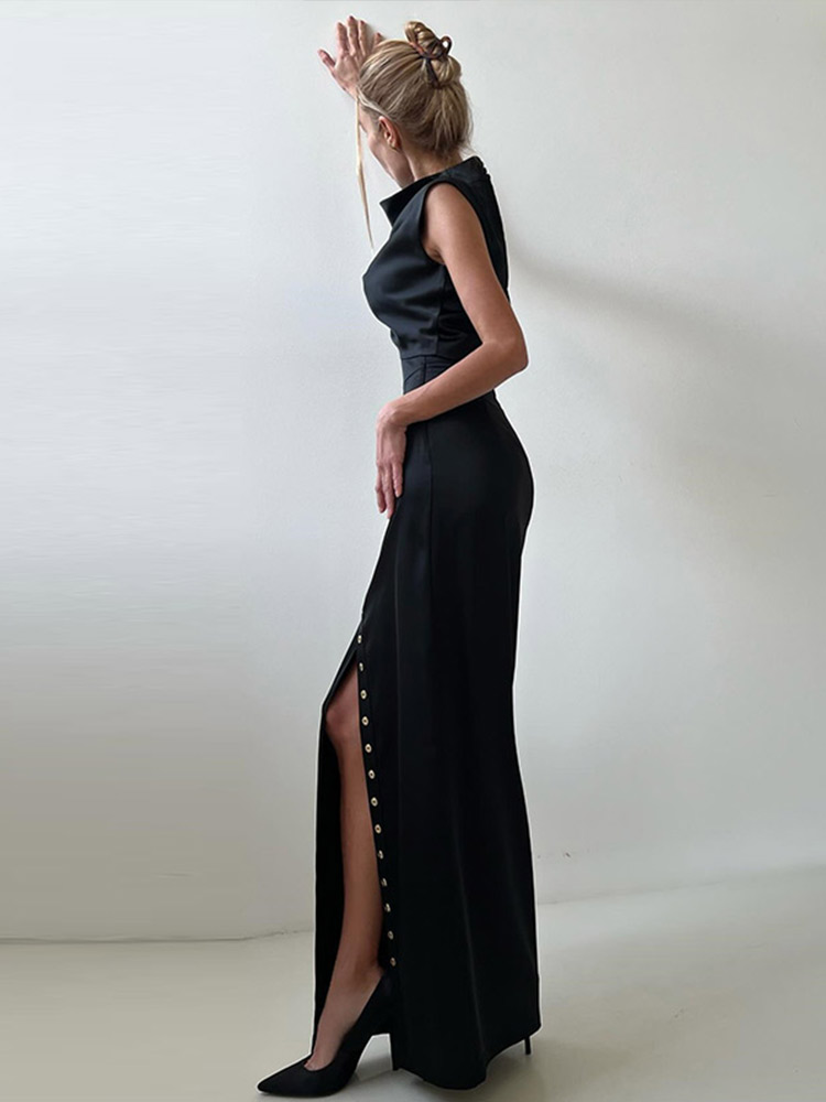 Top colheita saia longa conjunto de duas peças feminino elegante sem mangas terno superior com frente divisão saia senhora chique sexy roupas de festa à noite
