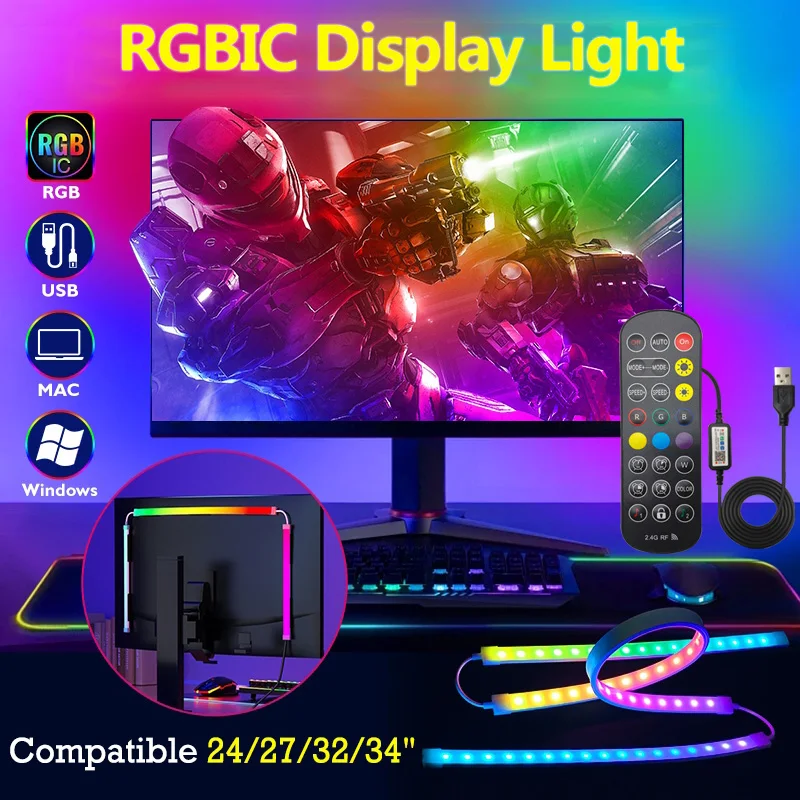 Tira de luces LED para juegos, retroiluminación para Monitor de ordenador, tira de luces LED RGBIC, pantalla de 24-34 pulgadas, lámpara de decoración de ambiente para sala de juegos USB