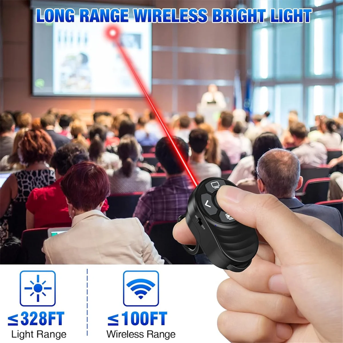 Clicker de apresentação sem fio recarregável usb tipo c aa91, apresentação de anel de dedo powerpoint clicker com ponteiro de luz