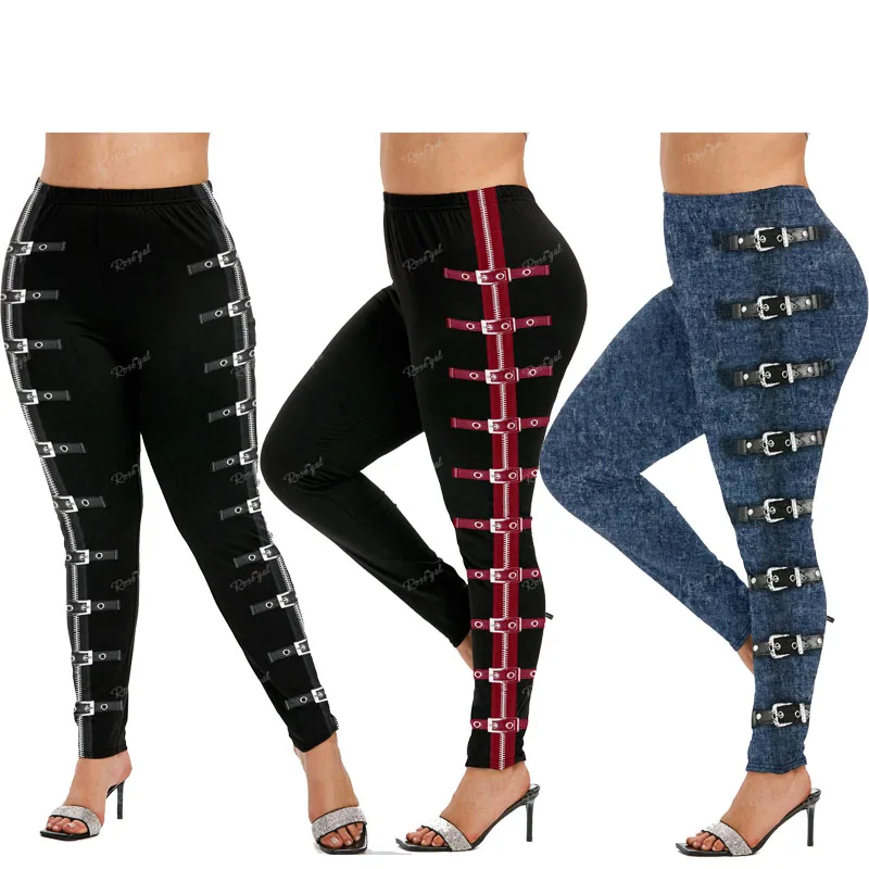 ROSEGAL 5XL frauen Plus Größe Leggings Gothic 3D Zipper Schnallen Gedruckt Bleistift Hosen Übergroßen Hoher Taille Dünne Hosen Mujer