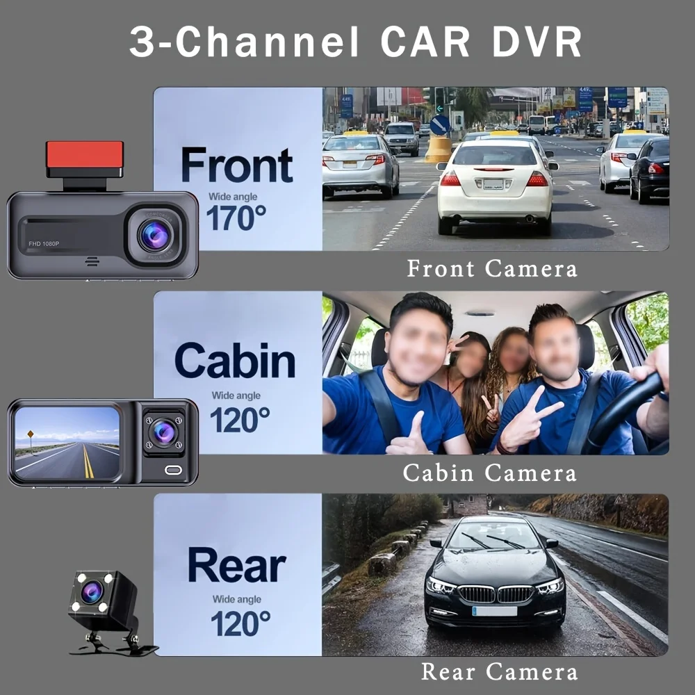 Dash Cam a 3 canali per telecamera per auto Black Box Videoregistratore 1080P Telecamera per retromarcia per accessori per auto DVR per auto