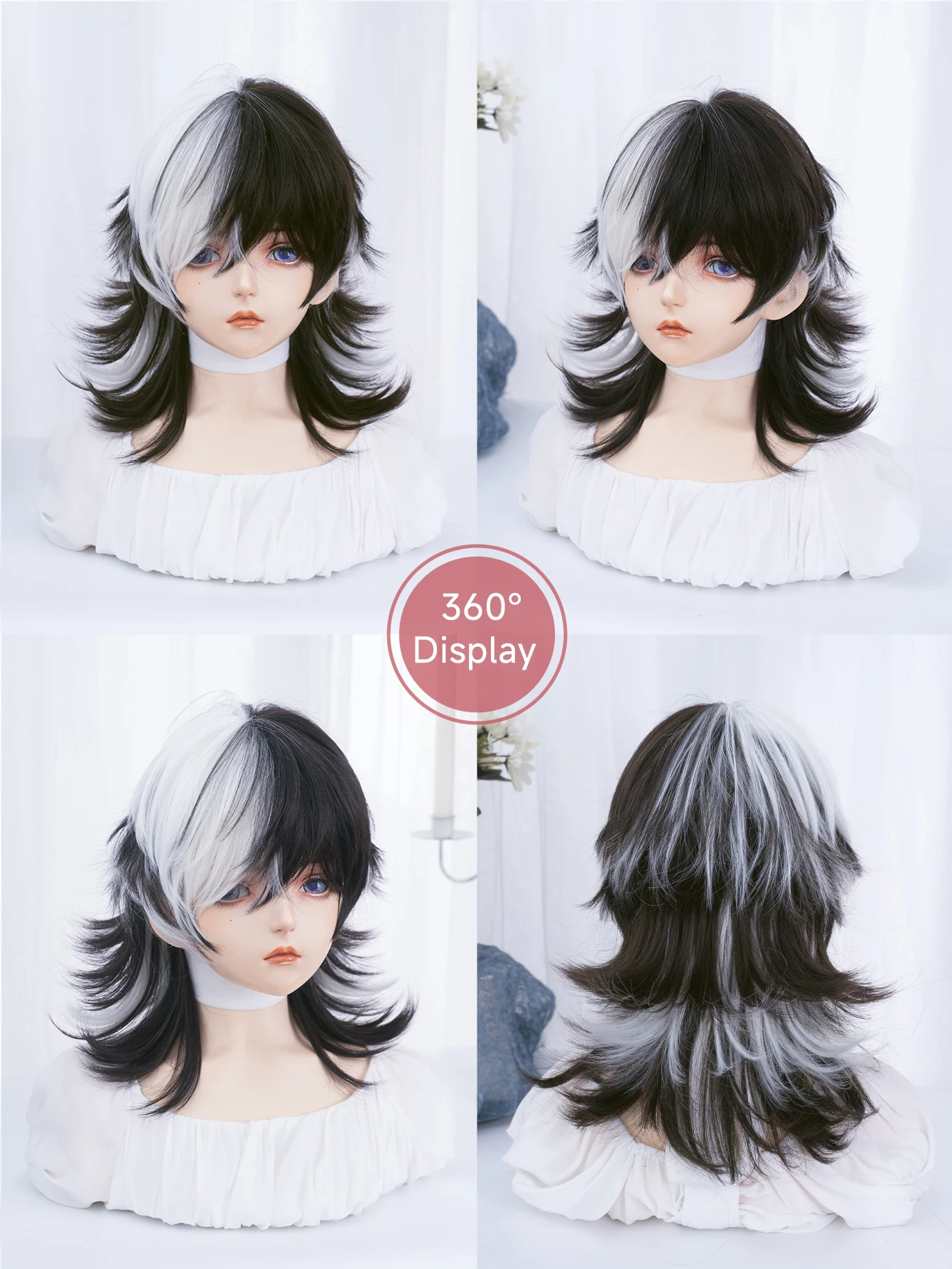 16 Zoll schwarz Highlight weiße Farbe schöne synthetische Perücke mit Knall mittel natürliche gewellte Haar Perücke für Mann oder Frau hitze beständig