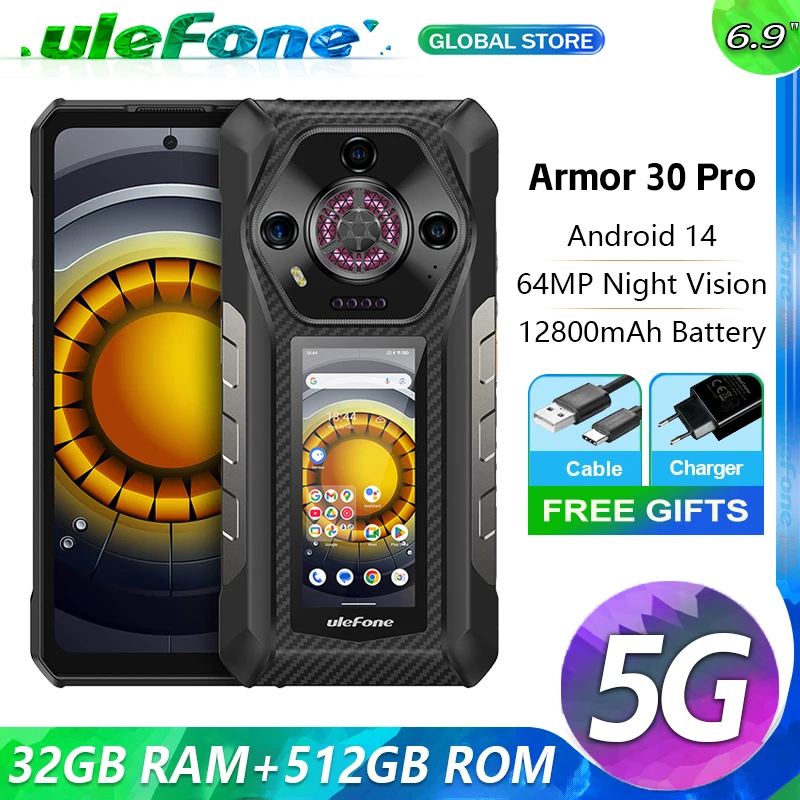 【Estreia mundial】Ulefone Armor 30 Pro 5G Telefone robusto Android 14 Smartphone 6,9" 120Hz 32GB+512GB 12800mAh Câmara noturna 64MP NFC MTK Dimensão 7300X 66W Telemóvel