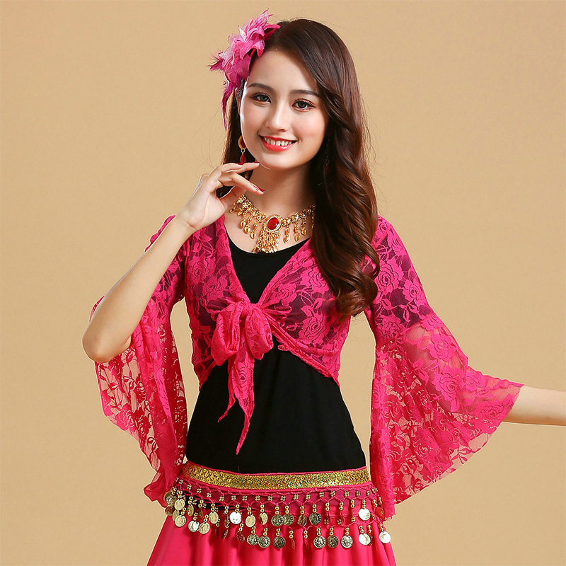 Women's Belly Dance Top Shawl สั้นเสื้อสเวตเตอร์ถักลูกไม้ Flare แขนยาว Shrug Lace-up เสื้อยิมนาสติก Cover Up เสื้อสเวตเตอร์ถัก Wraps