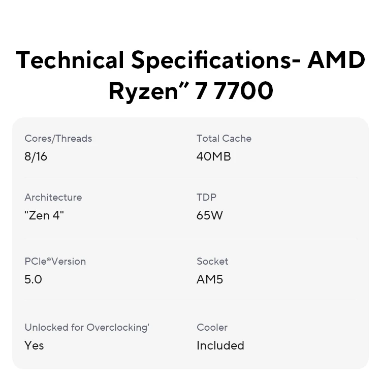AMD Ryzen 7 7700 100% nuovissimo CPU di gioco Fino a 5,3 GHz 8-Core 16-Thread Socket AM5 Processore per computer desktop per PC Gamer