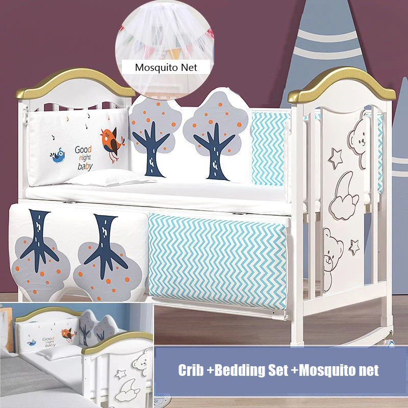 Berço de bebê de madeira de 1m com mosquiteiro e mesa de fraldas, conjunto de cama, berço de bebê, cama, colchão de balancim multifuncional cama de criança