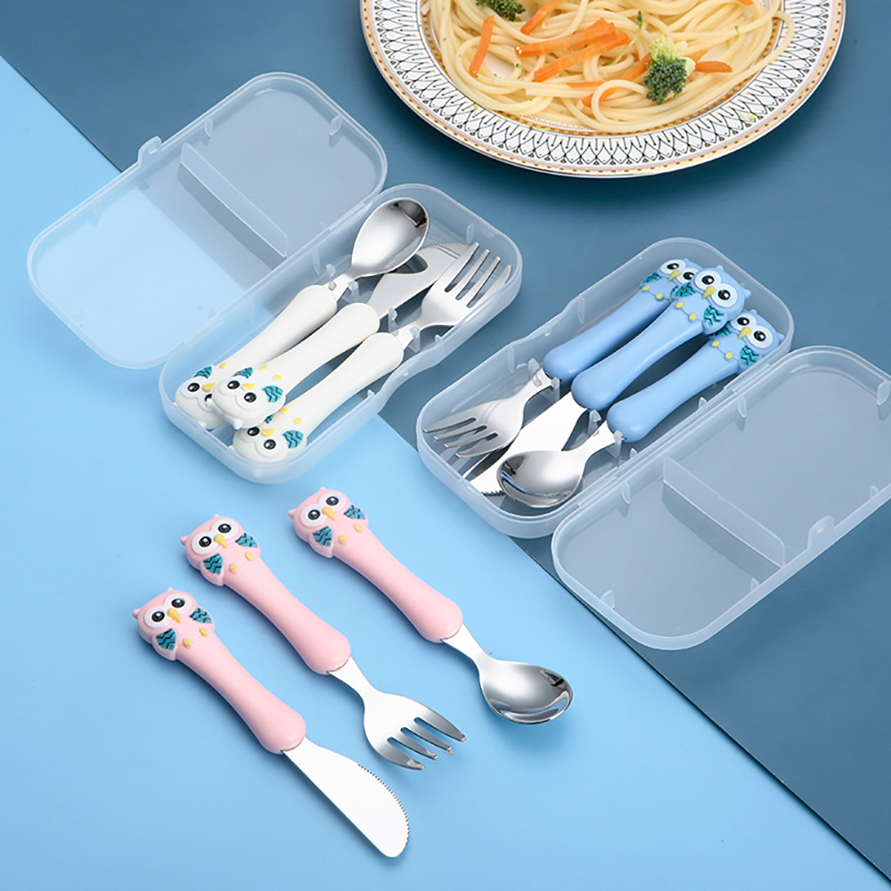 3 pçs crianças colher garfos caixa crianças de aço inoxidável talheres portátil utensílios de alimentação do bebê colheres do bebê conjunto de utensílios de mesa do bebê