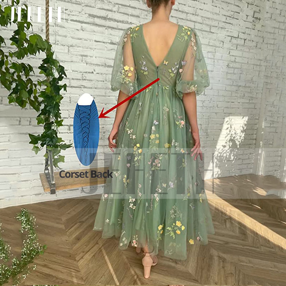 JEHETH Bạc Hà Thêu Ren Dạ Hội Đầm Cổ Chữ V Sâu Gợi Cảm Nửa Tay Phồng Một Đường Ăn Mừng Dạ Hội Tới Mắt Cá