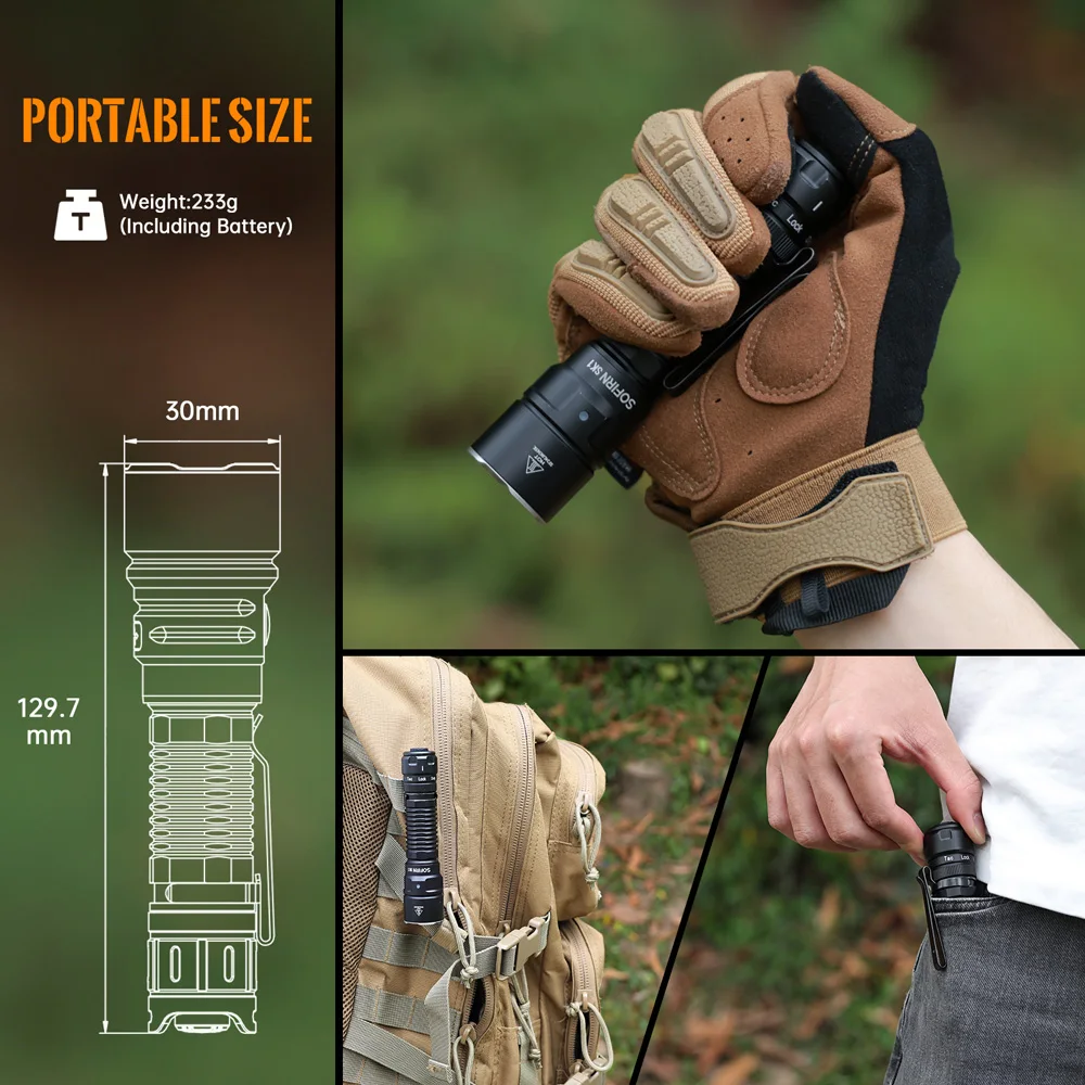 Sofirn SK1 Tactical Flashlight 479m 1300LM EDC Rechargeable SFT25R LED Spotlight Torch with Tail Switch and Rotary Switch