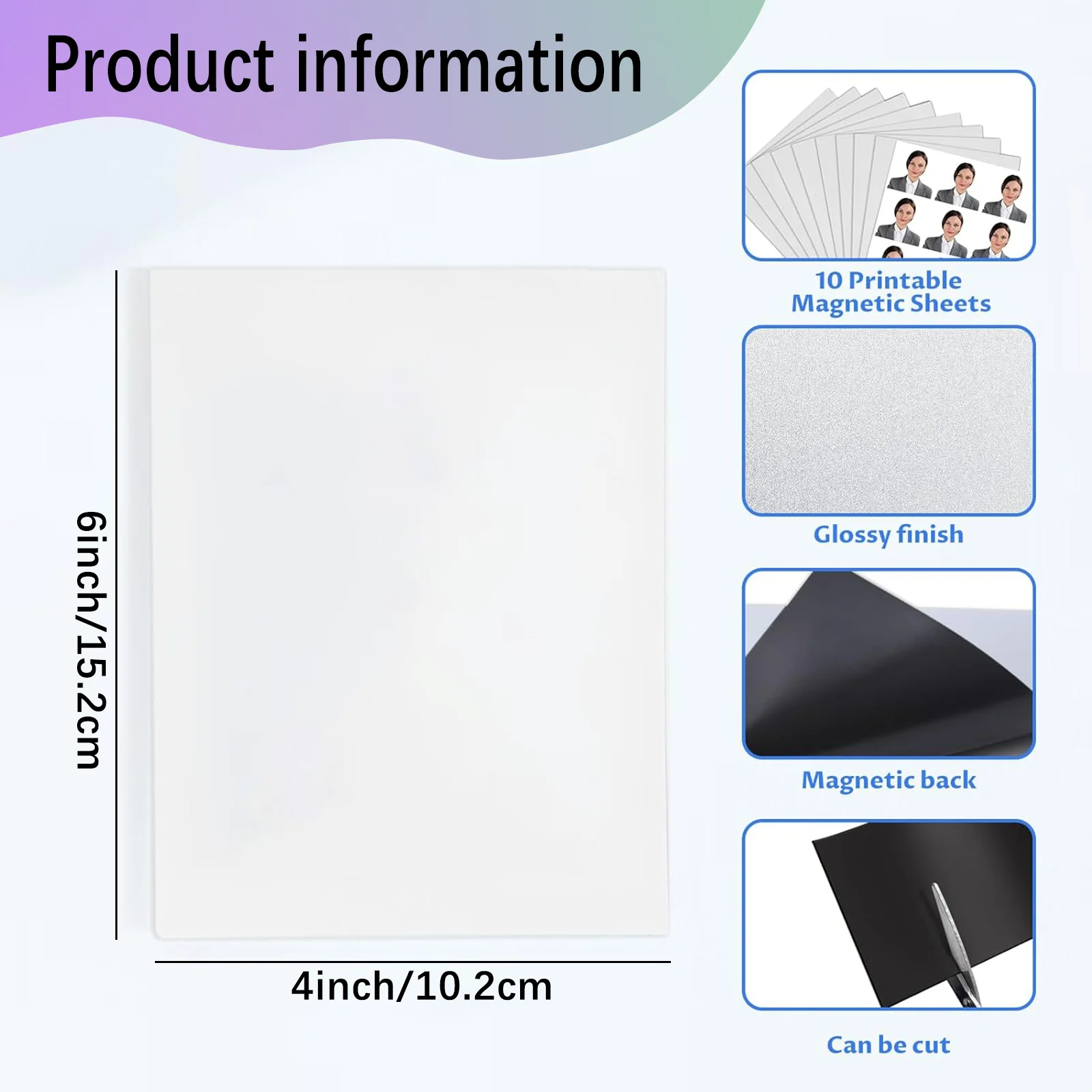 HUSPER 4R Glossy Magnetic Photo Paper Printable 10 Sheets 4x6 Inches (15.2x10.2cm) Non-Adhesive for Inkjet Printer