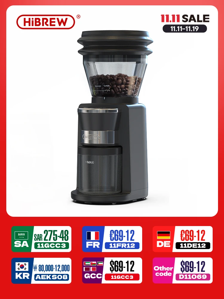 HiBREW-molinillo de café eléctrico automático con 31 engranajes para café expreso americano, almacenamiento Visual de granos G3