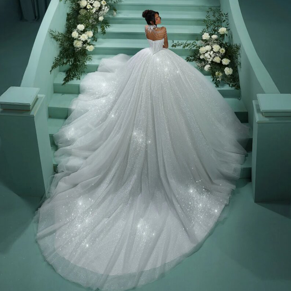 Maßgeschneiderte Glitzer-Prinzessin-Hochzeitskleider 2025, mit Perlen verziert, Ballkleid, Brautkleid, Schatz, Perlen, Kathedrale, Vestidos de Novia