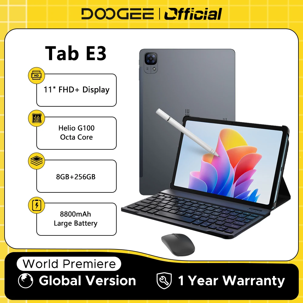 【Брендовый +】Планшетный ПК Doogee Tab E3 Android 15 Gemini Ai 11-дюймовый ультра-прозрачный 32 ГБ (8 + 24) 256 ГБ Helio G100 8800 мАч аккумулятор для планшета