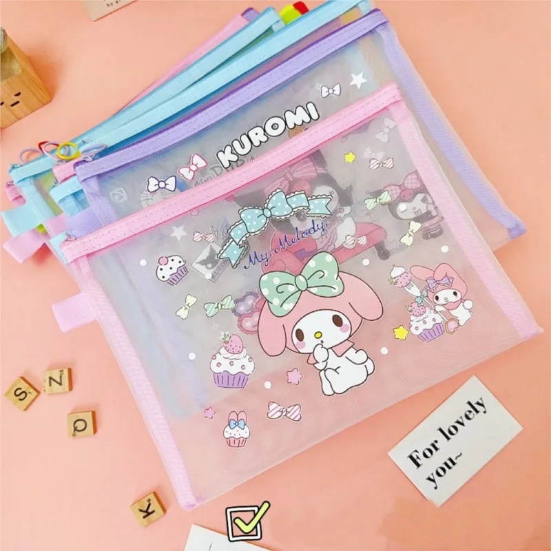 Custodia portaoggetti con cerniera in rete A5 Melody Kuromi Cinnamoroll Borsa per documenti Organizzatore di cancelleria per studenti Materiale scolastico