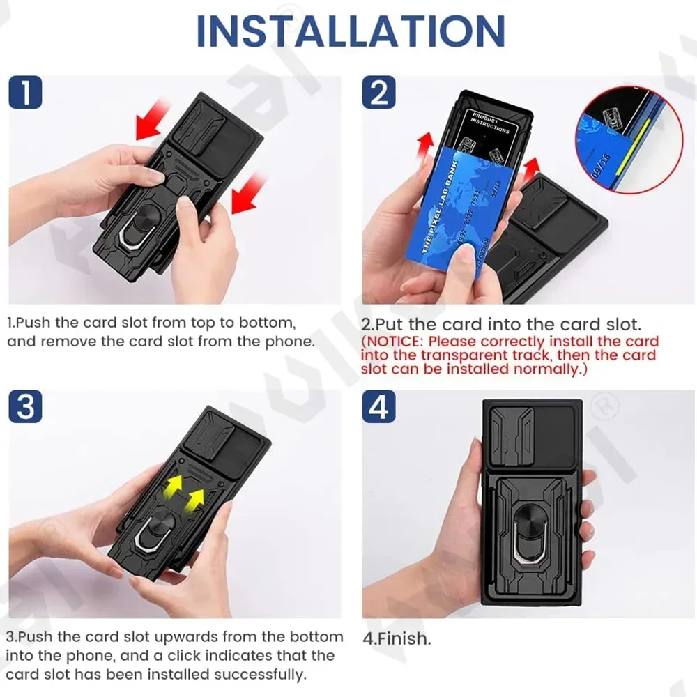 Чехол для Samsung Galaxy S25 S24 S23 S22 S21 Ultra Plus S20 FE A55 A35 A54 A14 4G 5G Slide Camera Card Holder 360 °   Крышка кольца