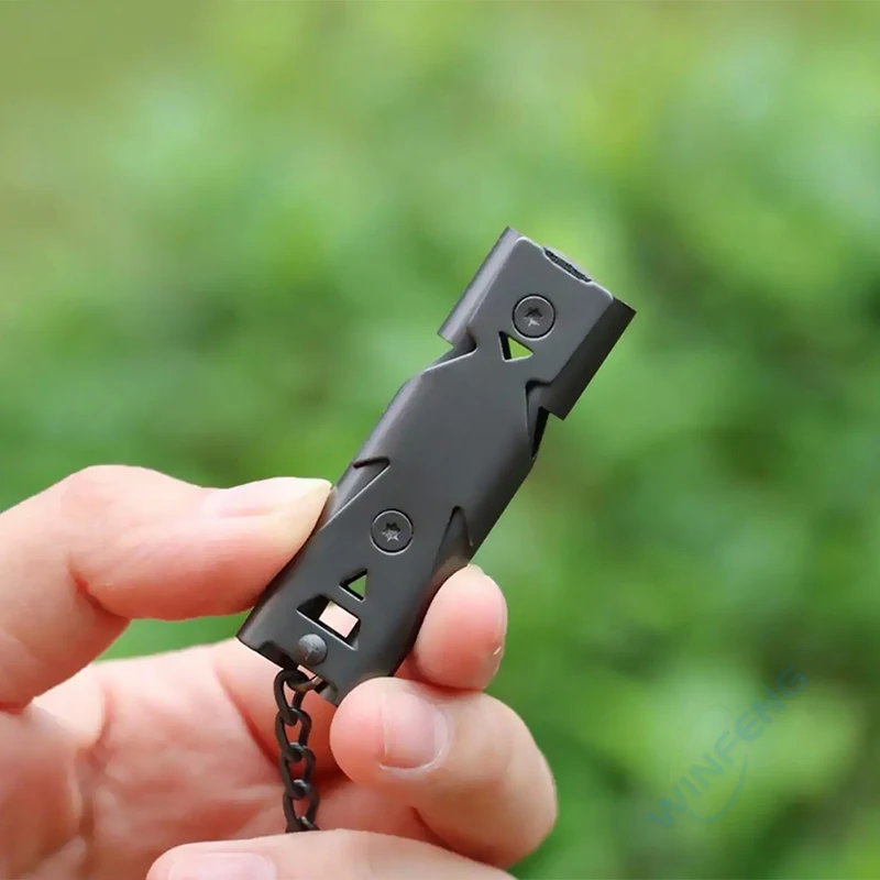 Gwizdek o wysokim poziomie decybeli brelok ze stali nierdzewnej podwójna rura Camping piesze wycieczki awaryjny gwizdek survivalowy Outdoor narzędzia EDC brelok