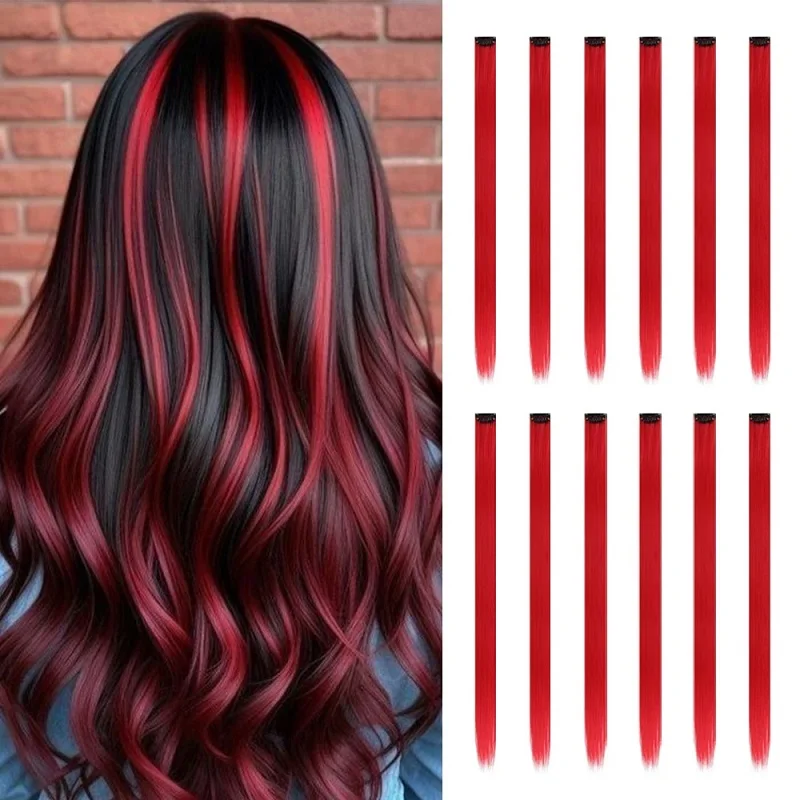 22 Zoll farbige Party-Synthetik-Clip-in-Haarverlängerungen für Mädchen, mehrfarbig, langes glattes Haar, Regenbogen-Haarteile