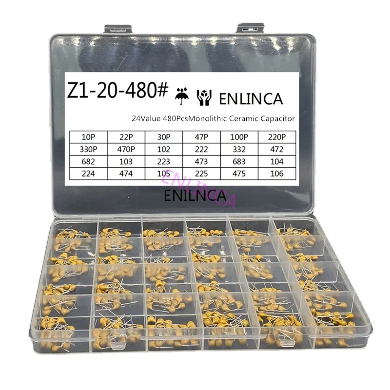 24 Werte * 20 Stück = 480 Stück monolithischer Keramikkondensator 10 pF ~ 10 uF, Keramikkondensator-Sortiment-Kit 1 UF 100 NF 330 NF 0,1 UF 102 104 105