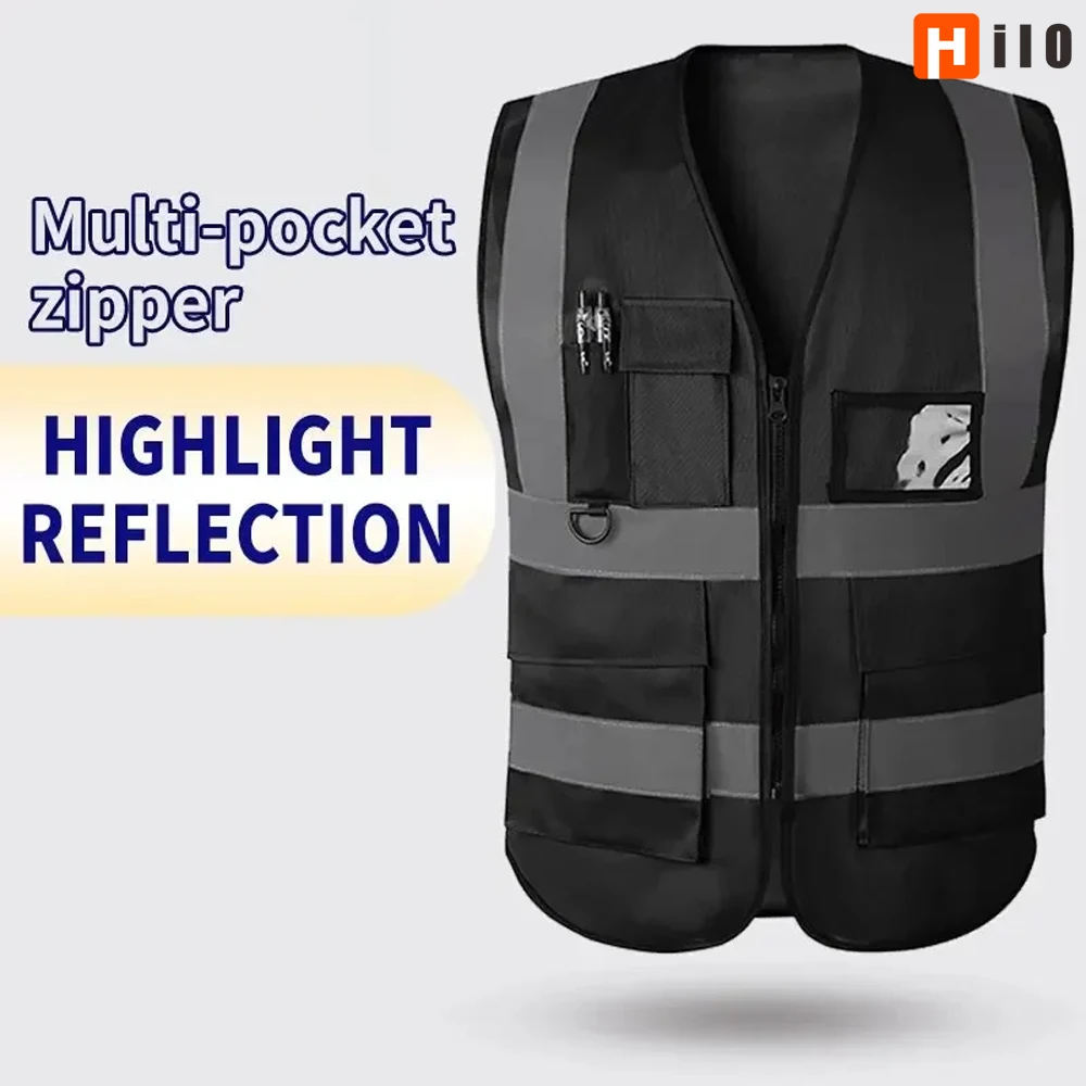 Hilo Chaleco reflectante negro Chaleco reflectante Chaleco de conducción de tráfico Mono Cremallera multibolsillo