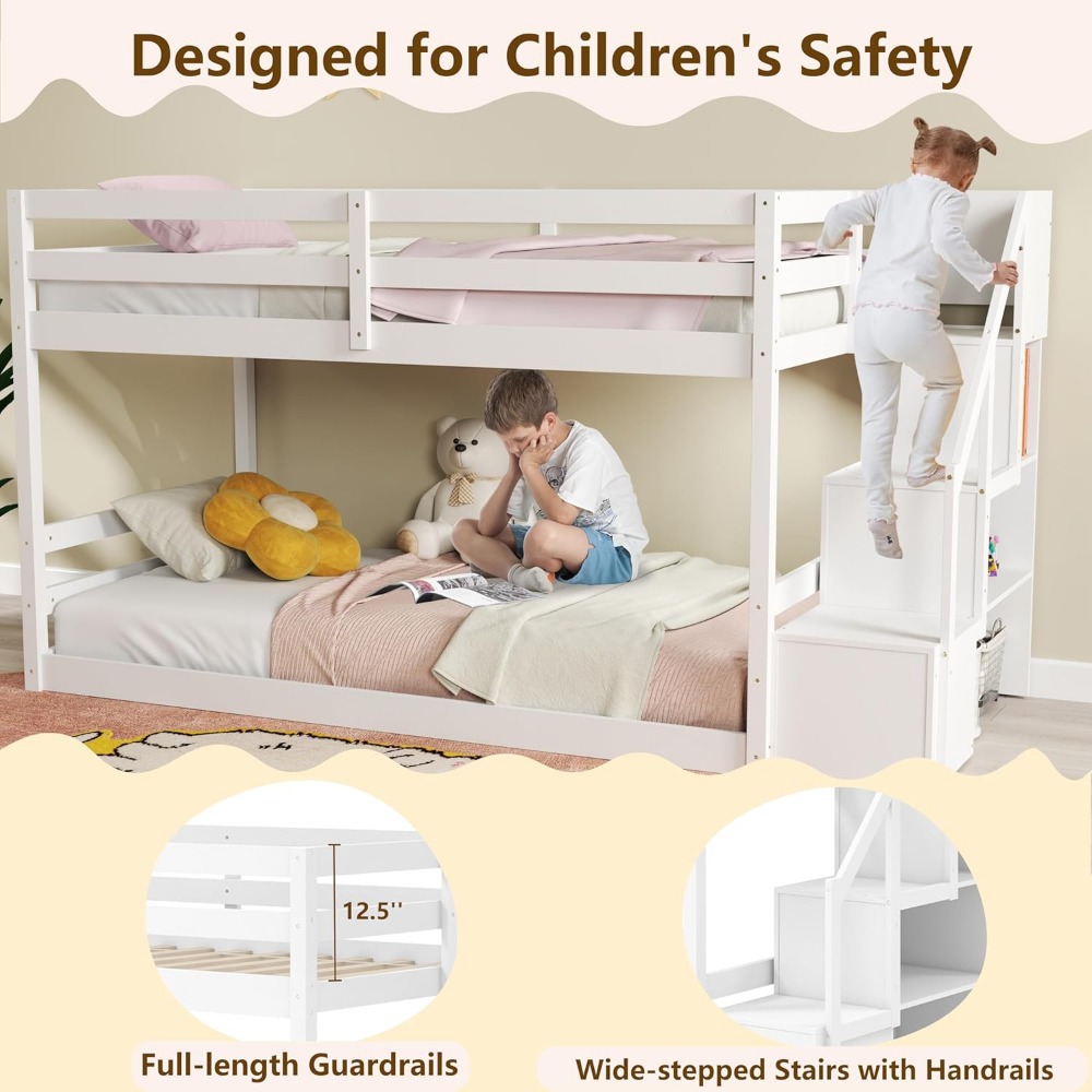 KOMFOTT Wood Twin Over Twin Low Bunk Bed with Storage Staircase, Wooden Bunk Bed Frame with Full-Length Guardrails, Low Profile