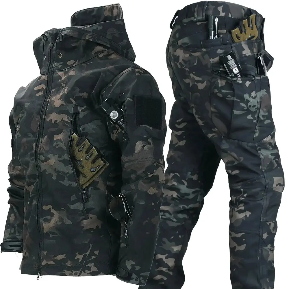 新しいスーツ男性の冬の戦術セットシャークスキンバイカージャケットパーカーパンツ 2 点セット防水作業服服ポケット