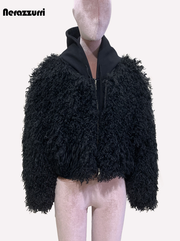 Nerazzurri Winter-Kurzmantel, übergroß, schwarz, flauschig, zottelig, dick, warm, Kunstpelzmantel, Damen mit Kapuze, flauschige Jacke, gefälschte 2-teilige Kleidung