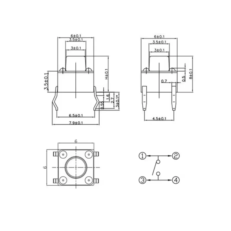 20 piezas Mini interruptores de botón 6x6, interruptores táctiles DIP 6X6X4,3 6*6*4,3 /5/6/7/8/9/10/11/12/13/14/15mm, interruptor de alimentación de 4 pines