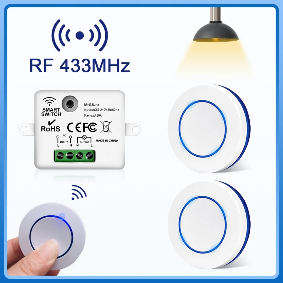Rf433mhz drahtlose fernbedienung lichtsc halter 10a relais controller mini runde taste wand paneel schalter für led lampe AC100-240V