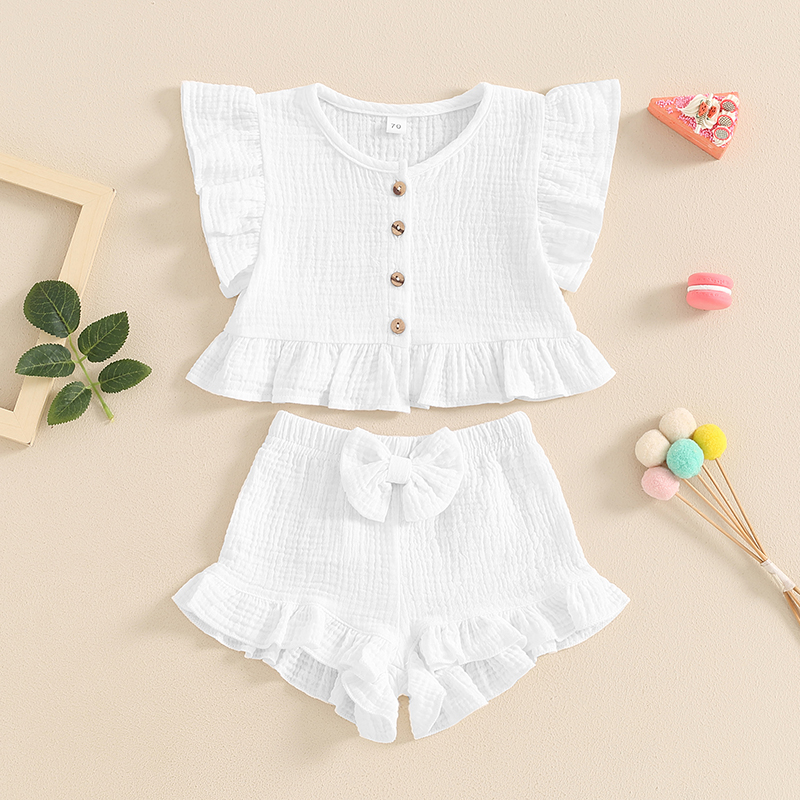 Setelan baju balita perempuan, pakaian musim panas anak perempuan, baju tanpa lengan kerut dengan kancing pita besar, setelan celana pendek lucu